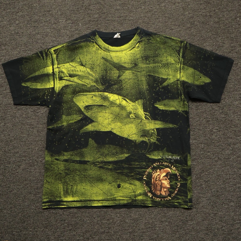 All Over Print Great White Shark Shirt Mens XL Y2K AOP Yazbek Puerto Vallarta