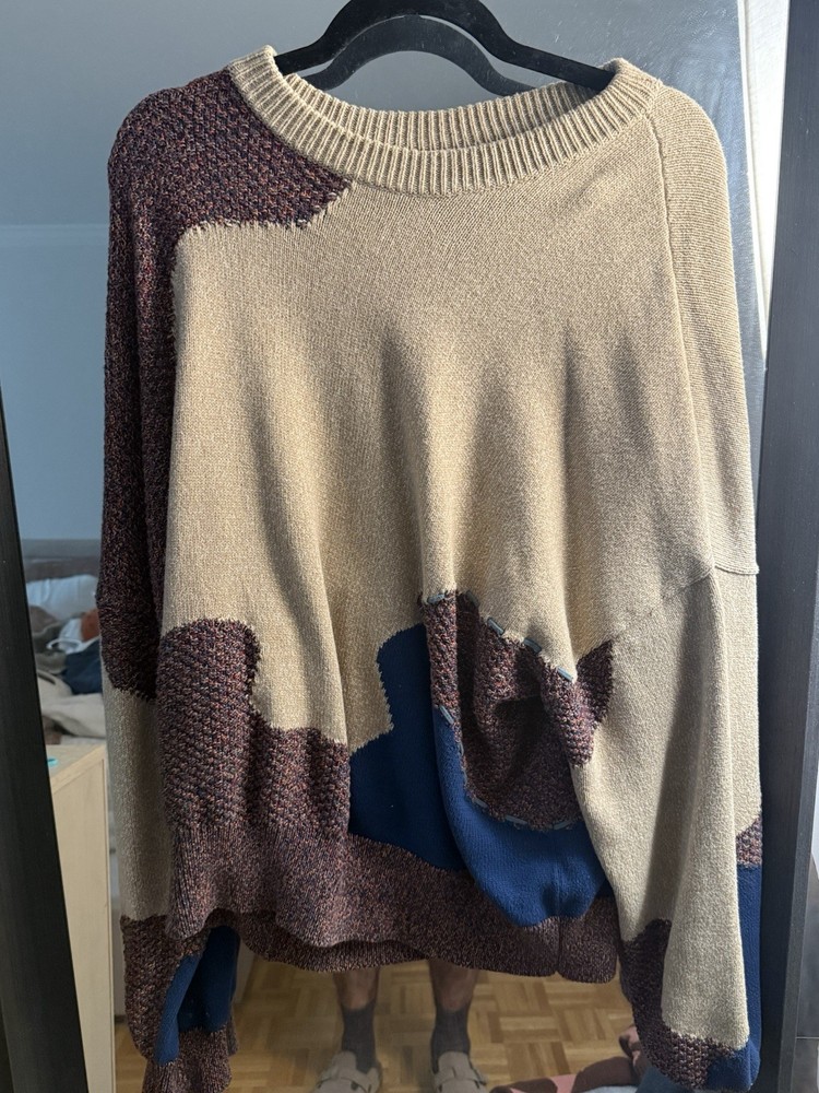 ZARA Colorblock Knit Pullover Sweater Beige Brown Blue Crew Neck men’s Size L