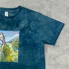 Graphic WHITE OWL & Forest Motif T Shirt Men Medium Teal Organic Cotton Tie-Dye
