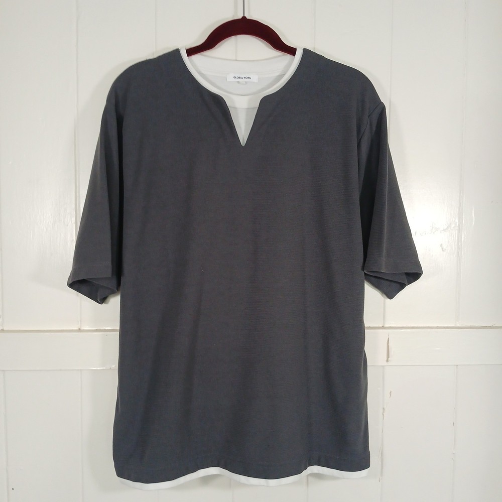 Global Work Layered T-Shirt Mens Size M Grey White Split Neck GW232076AD