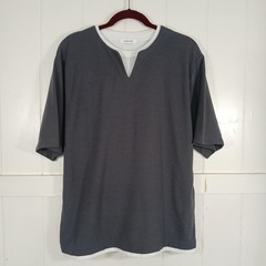Global Work Layered T-Shirt Mens Size M Grey White Split Neck GW232076AD