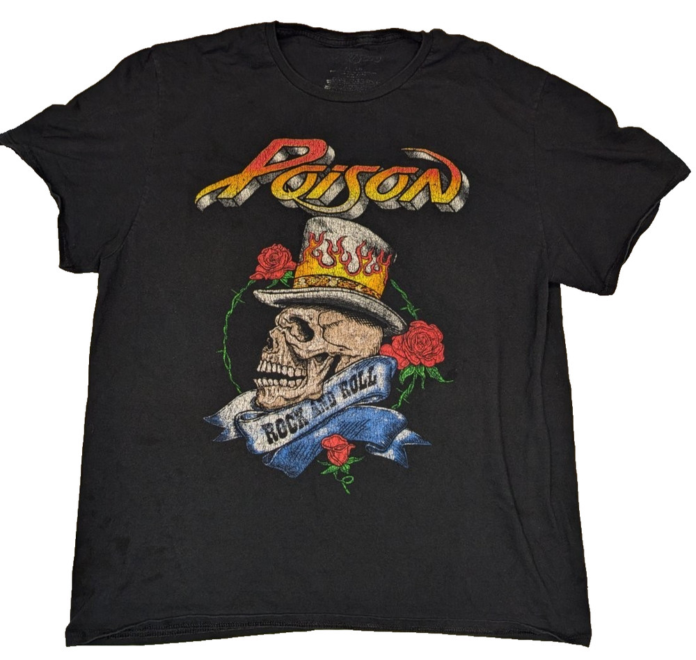 Poison Band T-Shirt Men Size XL Black Rock and Roll Skull Punk Rock Thrashed