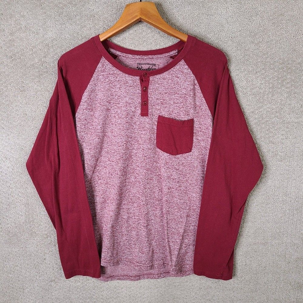 Brooklyn Cloth Shirt Mens XL Red Marled Henley Raglan Cotton Blend Long Sleeve