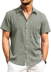 Men’s Linen Shirt Short Sleeve Button Down Wrinkle Free Casual Summer Beach Top
