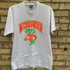 Wisconsin Badgers Vtg Men’s L Neon Green Orange Single Stitch White T-Shirt USA