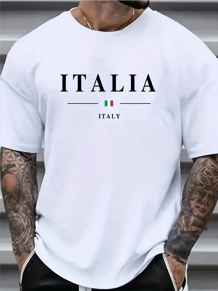 en’s Italian Flag T-Shirt – Heavyweight 100% Cotton Crewneck Tee with ITALIA Gra