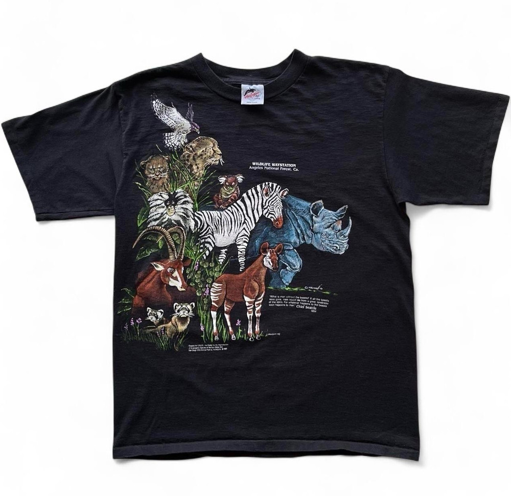 Men’s Vintage 1980s Black Wildlife Graphic T-Shirt Size L Rare Single Stitch