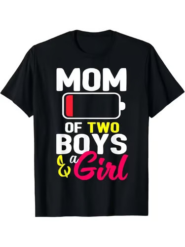 Mom Of 2 Boys & 1 Girl Graphic T-Shirt, Casual Crew Neck Tee, High Stretch Kni