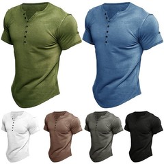 Mens Short Sleeve Henley T-Shirt Casual V Neck Slim Fit Muscle Tops Blouse Tee