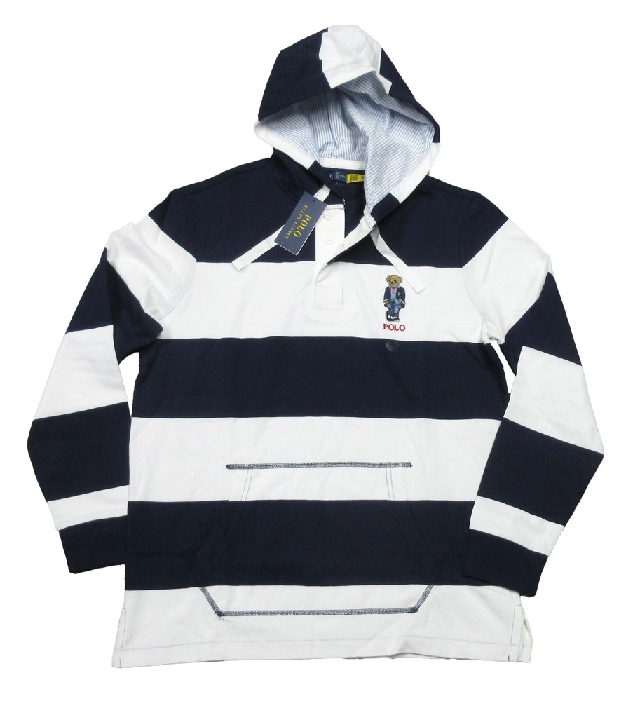 Polo Ralph Lauren Men’s Navy/White Striped Polo Bear Rugby Hooded Henley Shirt