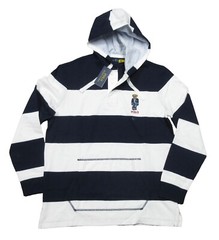 Polo Ralph Lauren Men’s Navy/White Striped Polo Bear Rugby Hooded Henley Shirt