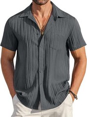 Men Casual Button Down Short Sleeve Textured Summer Beach Shirt with Pocket