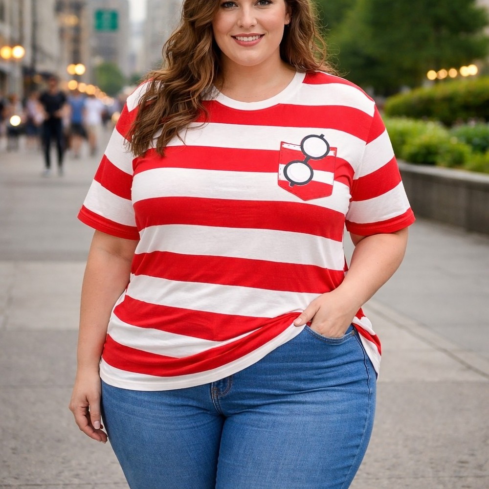 Where’s Waldo Tee Unisex 2XL Red White Striped Graphic Shirt Geekcore Novelty