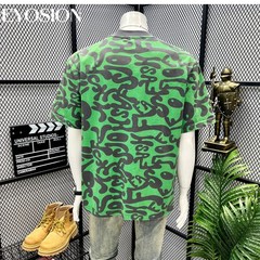 Men’s Green Graphic T-Shirt Vintage Abstract Print Cotton Casual O-Neck Tee