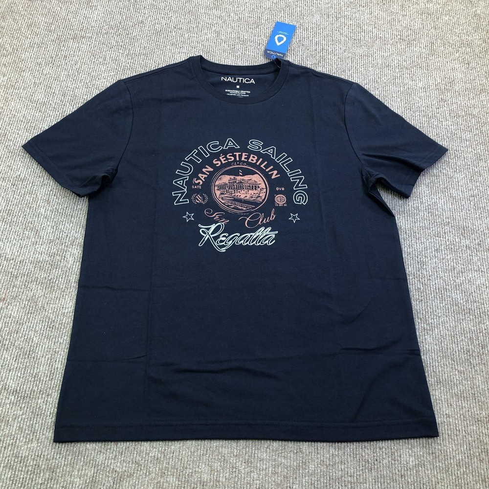 Nautica Shirt Mens Medium Navy Blue Sailing Regatta Graphic Tee Tagless Nautical