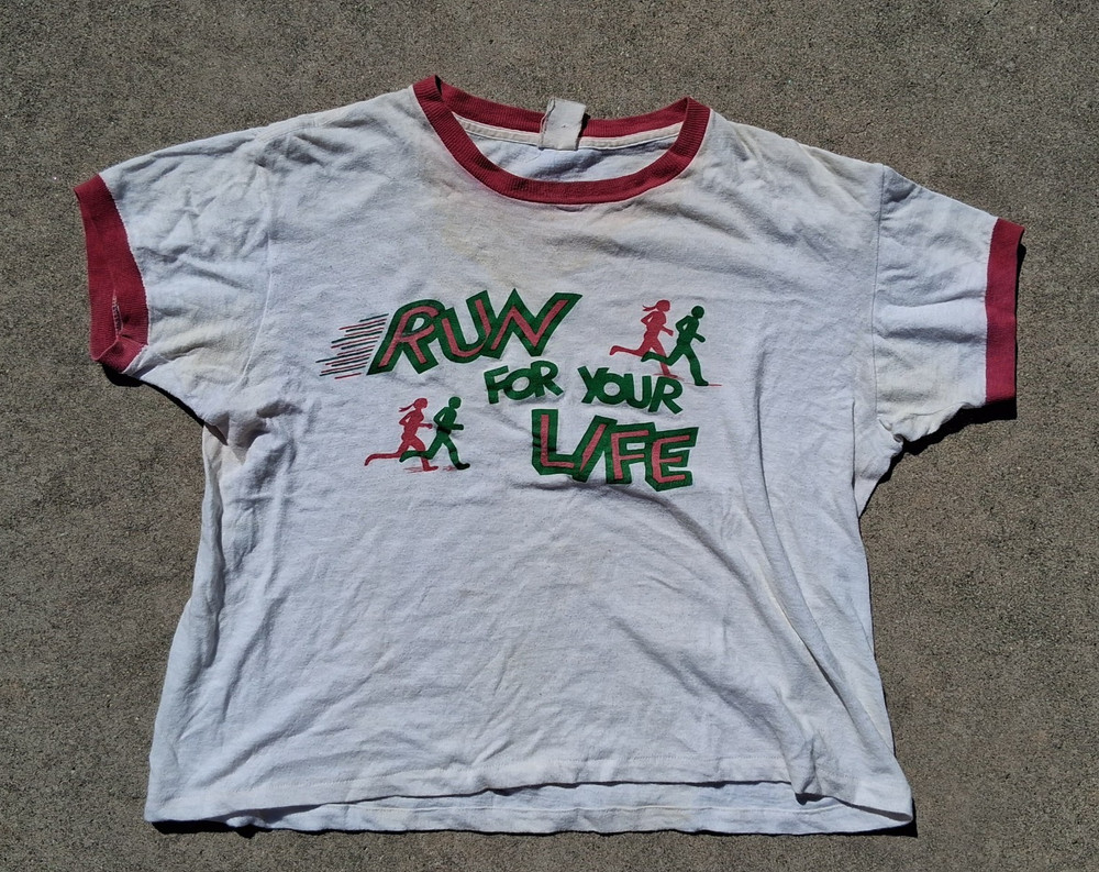 80s USA Run For Your Life Graphic Ringer T-Shirt White/Red/Green Cotton Knit S