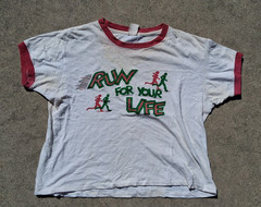 80s USA Run For Your Life Graphic Ringer T-Shirt White/Red/Green Cotton Knit S