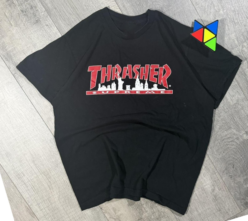 Vintage 2000s black and red thrasher supreme collab skater graphic streetwear