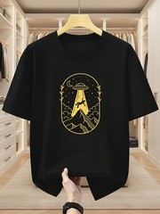 Men’s Alien UFO and Hiker Print Round Neck Short Sleeve T-Shirt