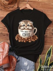 Funny I Need Coffee Cat in Cup Graphic T-Shirt Uni Casual Round Neck Tee with