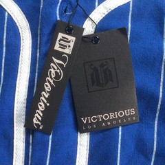 Victorious Baseball Jersey T-shirt Full Button Tee Men’s Blue Pin Striped NWT