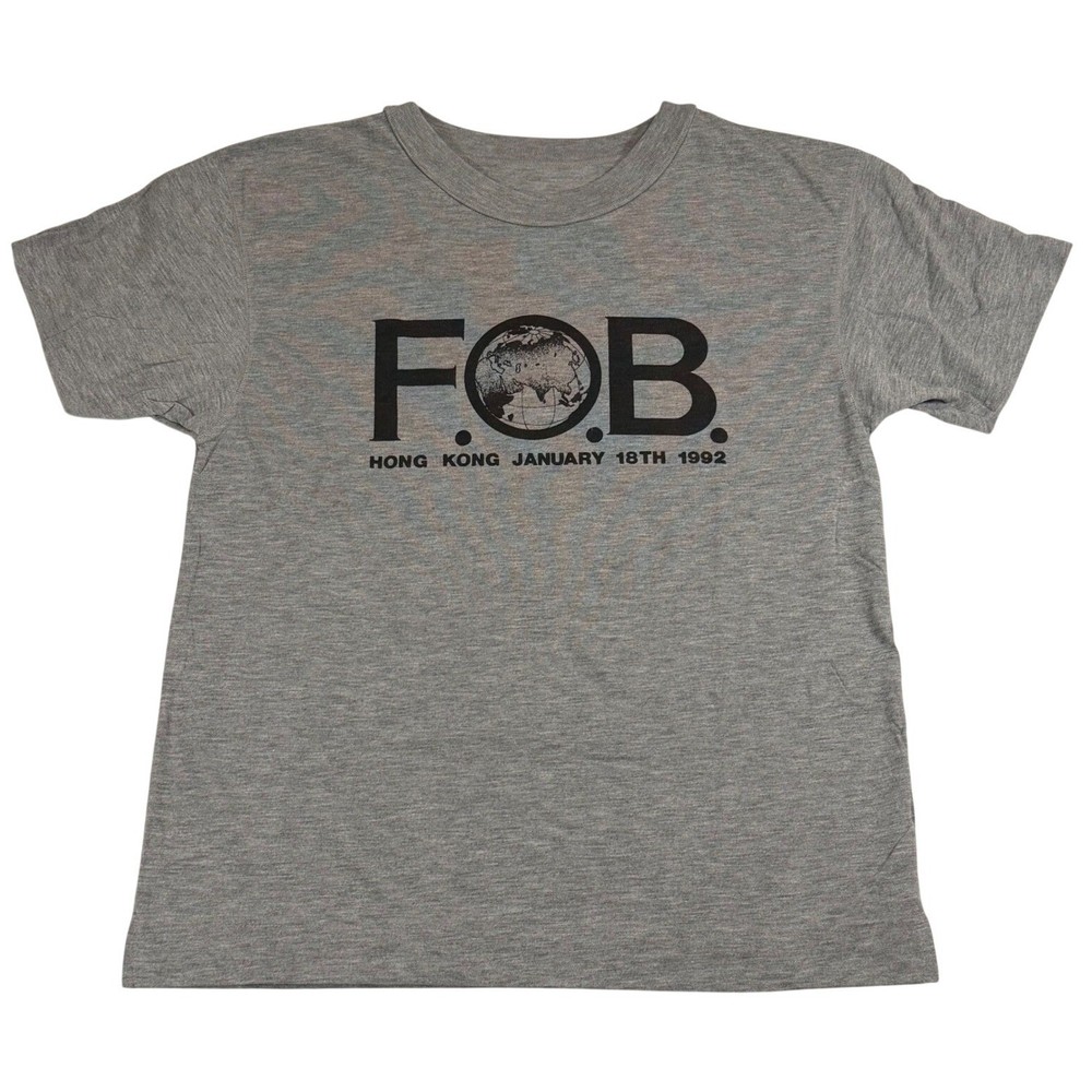 Vintage 1992 FOB Hong Kong Graphic T-Shirt XL Heather Gray January 18th Tee