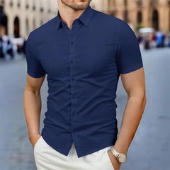 Men Shirt Short Sleeve Solid Color Business Casual Summer Wrinkle Free Top Soft