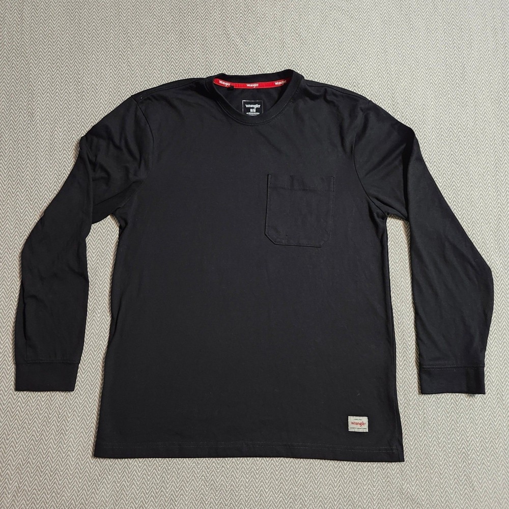 Wrangler Mens Long Sleeve Pocket T-Shirt Black Crew Neck Size M FUNITE F22