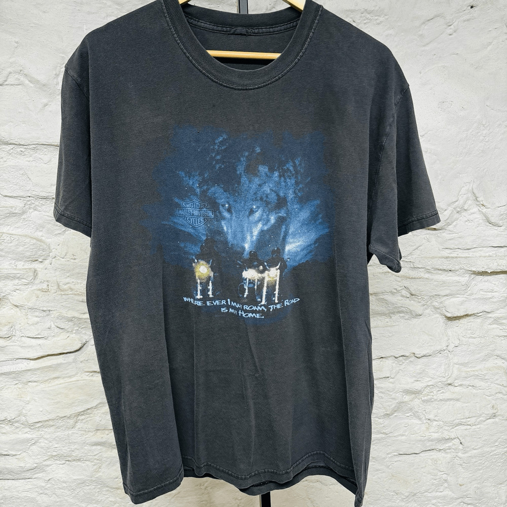 Harley Davidson Wolf Biker T Shirt Zanesville OH The Road is My Home Vintage y2k