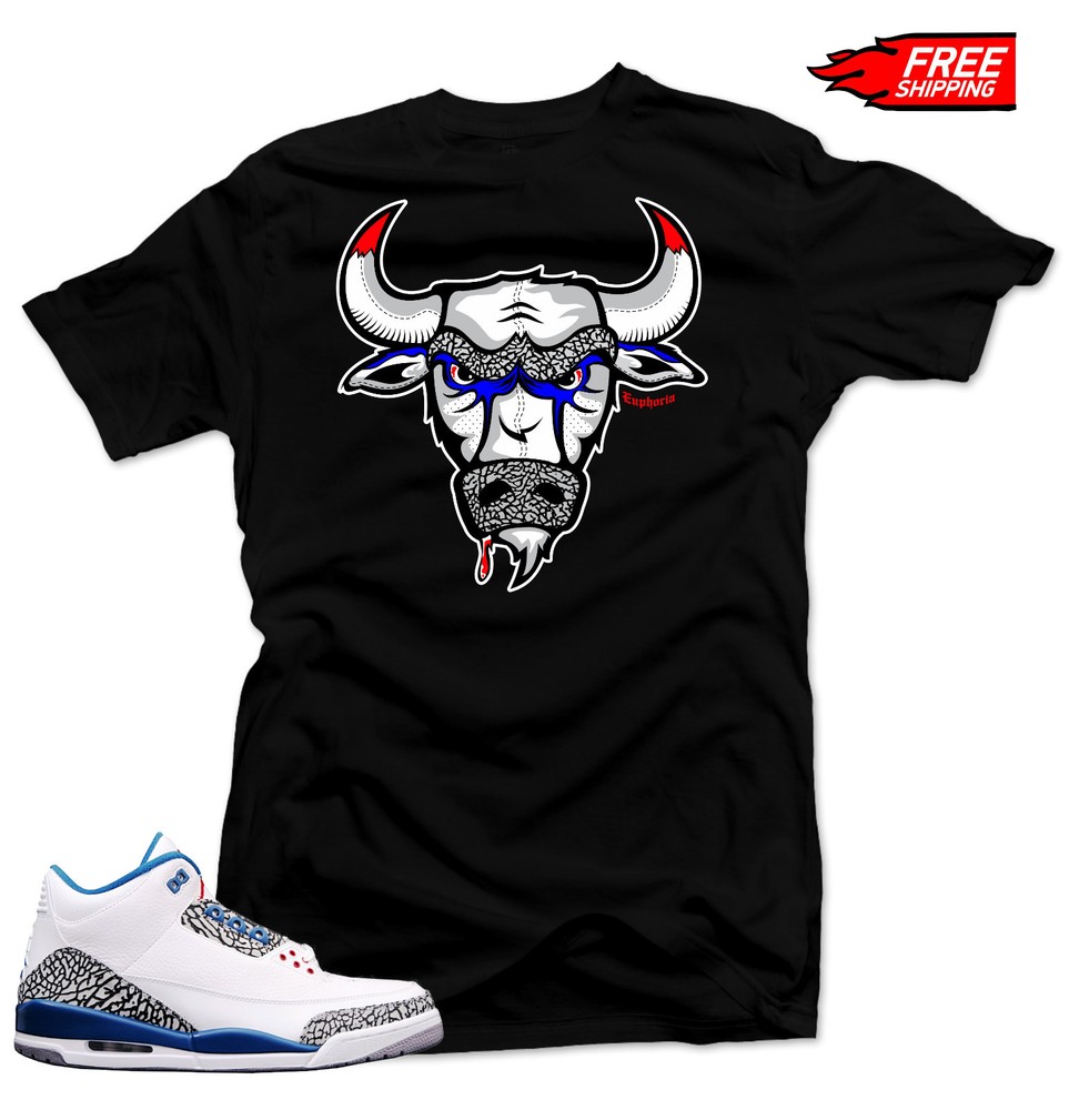 Shirt to match Air Jordan Retro 3 True Blue sneakers “The Bull” Black Tee
