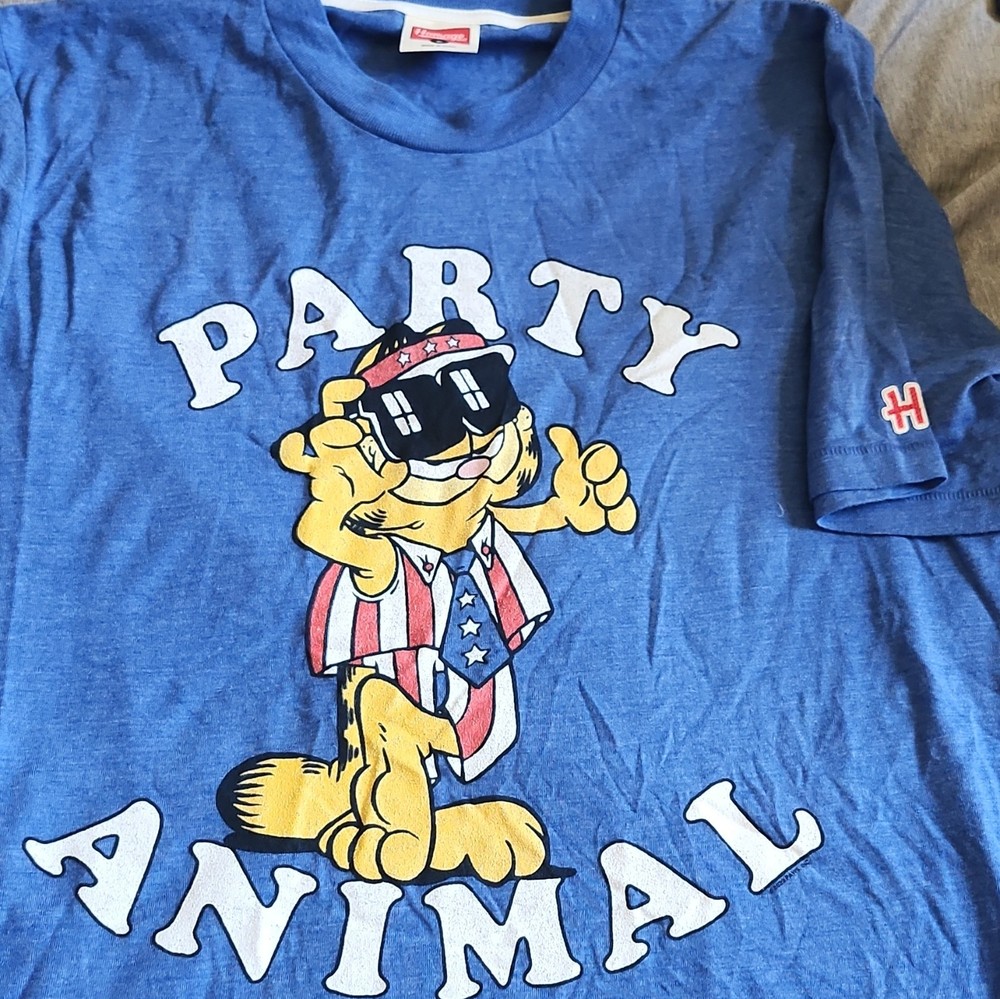 Homage Men’s Blue Garfield Party Animal Graphic Crew Neck Tee Short Sleeve S
