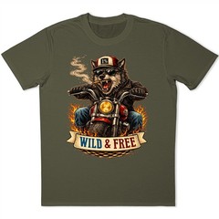 Wild & Free Wolf Biker Motorcycle Chopper Flames Funny Animal Graphic T-Shirt.