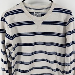 Lands End Mens Small Ivory Navy Blue Striped Rugby Cotton Crewneck Shirt