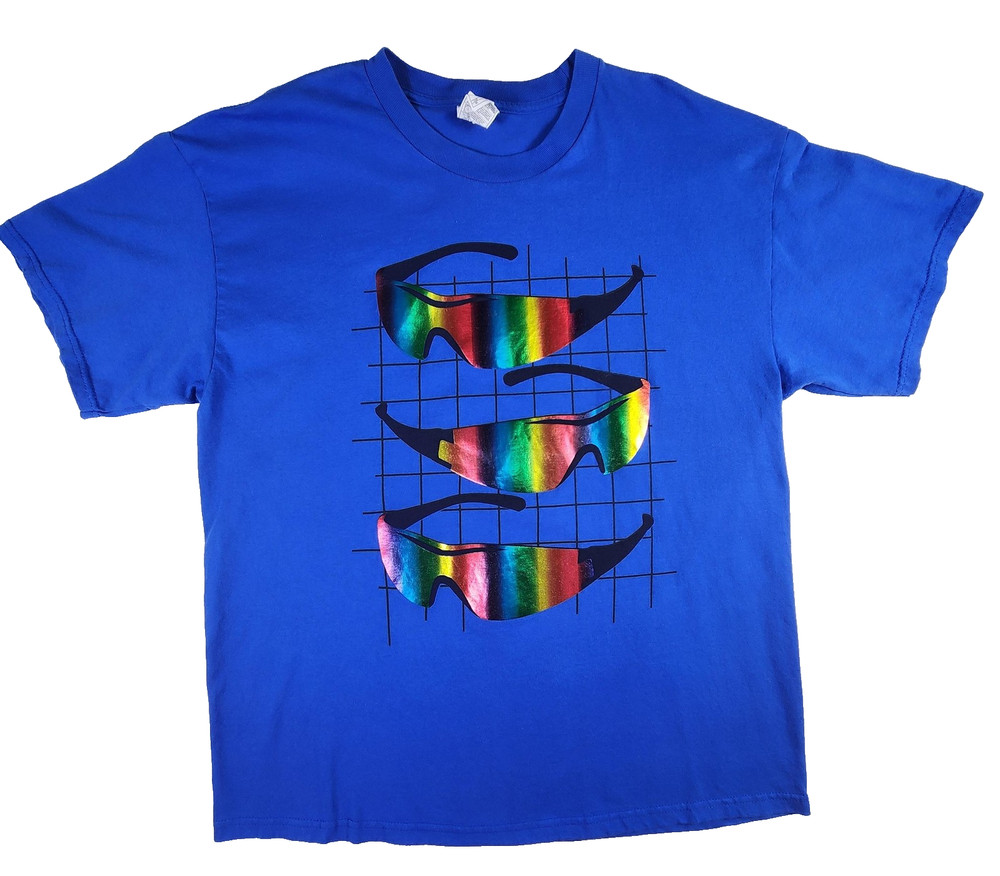 Rainbow Sunglasses Shirt Mens XL Blue Foil Holographic Graphic Alstyle AAA Tee