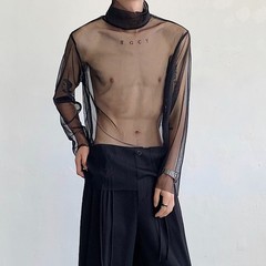 Men Mesh Sheer Turtleneck Long Sleeve Casual T Shirts Nightclub Party Top