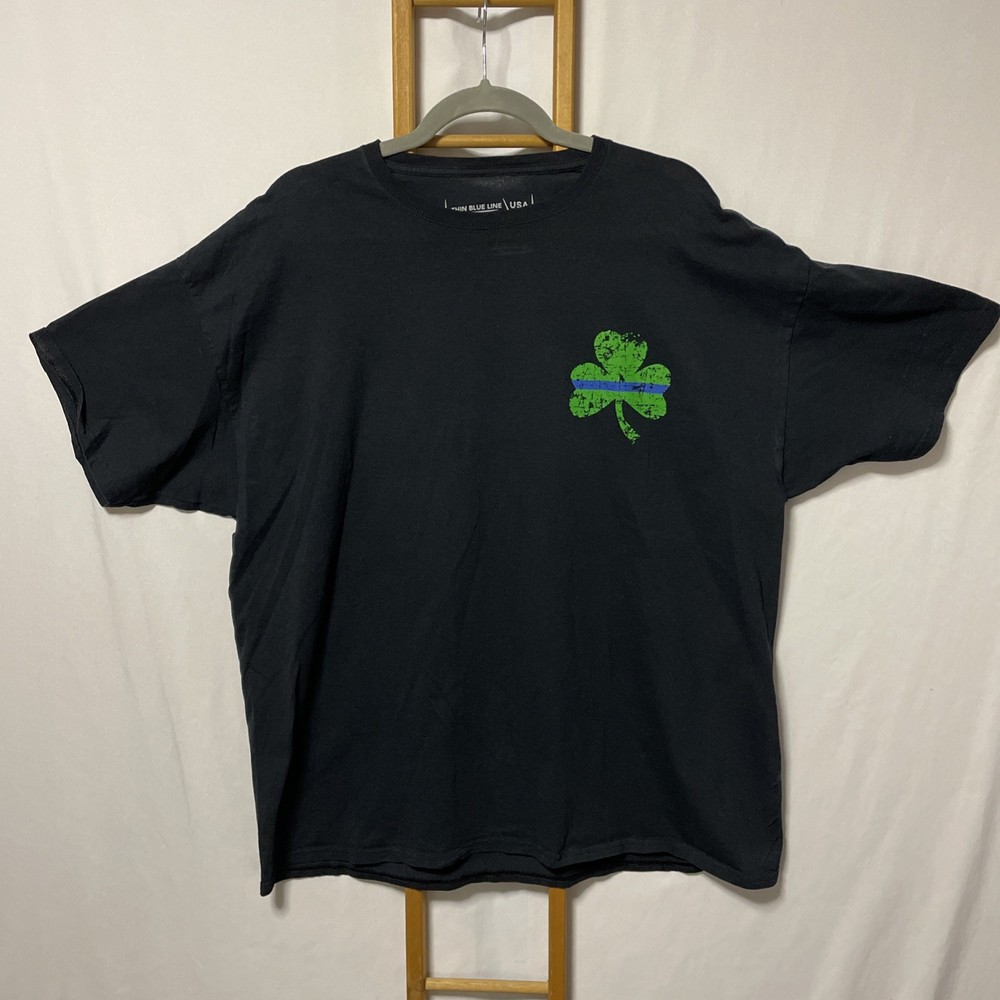 Thin Blue Line USA Green Clover Shamrock St Patrick’s Day Black T-Shirt 2XL Used