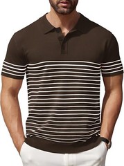 Men’s Striped Knit Polo Shirt Lightweight Short Sleeve Casual Collared Golf Tee