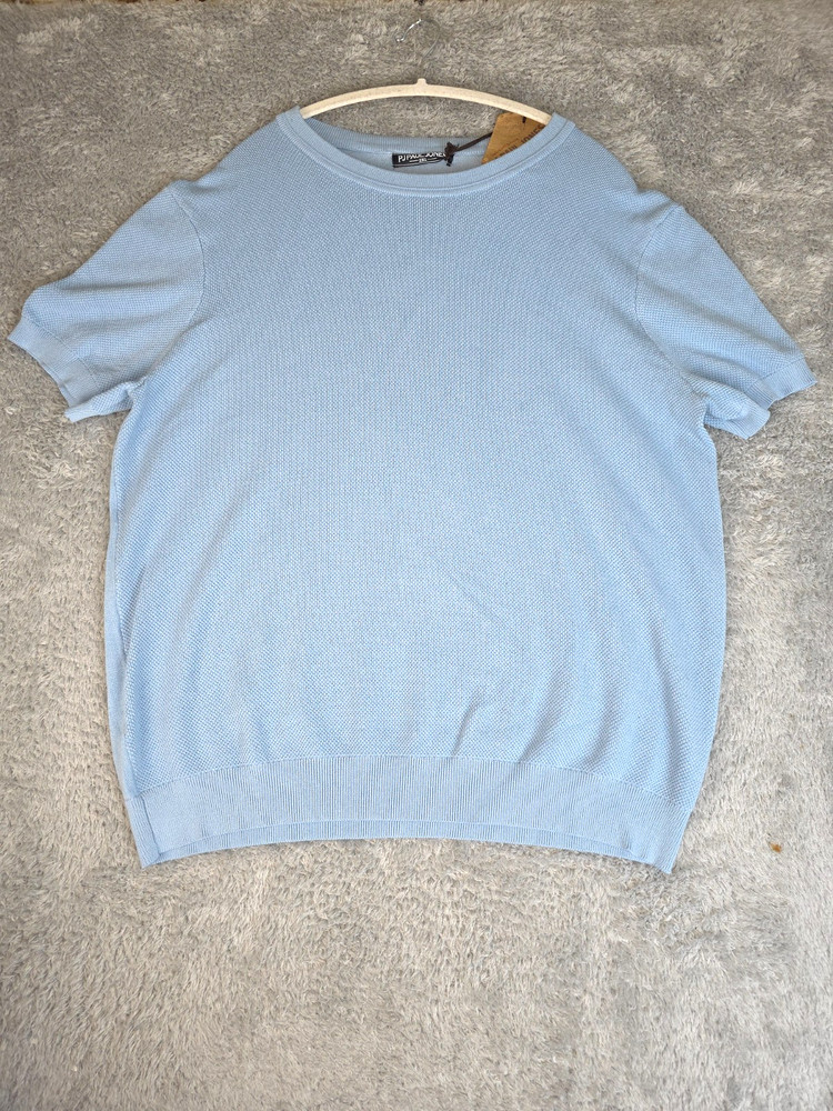 PJ PAUL JONES Mens Knitted T-Shirt Ribbed Cuff Crew Light Academia Blue 2XL