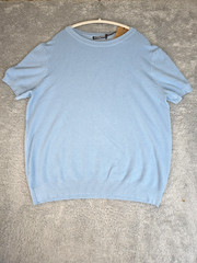 PJ PAUL JONES Mens Knitted T-Shirt Ribbed Cuff Crew Light Academia Blue 2XL