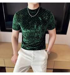 Summer Velvet Pleated Hot Stamping T-shirt for Men’s Fashion Versatile Slim Fit