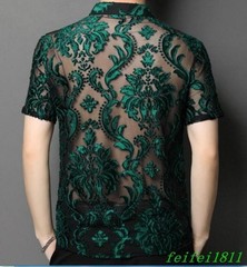 Chic Mens Hollow Out Floral Lace Shirts Short Sleeve Thin Lapel Tops Club Shirts