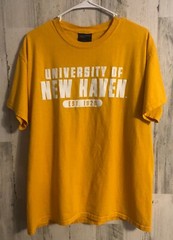 vtg University of New Haven Graphic Tee T-Shirt Sz L MV SPORT Gold Spellout
