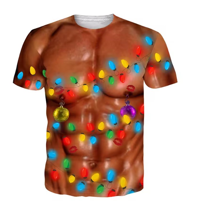 Funny Ugly Christmas T-Shirt 3D Fake Abs Muscle Tanned Body Holiday Lights Tee