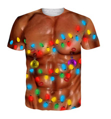 Funny Ugly Christmas T-Shirt 3D Fake Abs Muscle Tanned Body Holiday Lights Tee