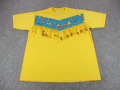VINTAGE Cowboy Shirt Mens Extra Large Yellow Blue Jerzees Fringe Western Boots