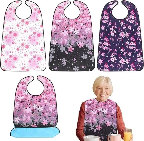 Waterproof Adult Bibs for Women, 3 Pack with Crumb Catcher, Washable