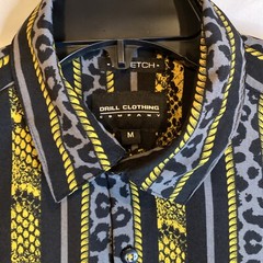 Stretch Drill Clothing Animal Print Mens Dress Shirt Black Yellow Grey Size M
