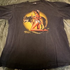 Vintage 90s Wild Side Wolf Back T Shirt XL Native American Sexy Woman Single Sit