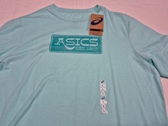 Asics Mens Stripe SS Training Running Gym Sports shirt Sea Green Size Large