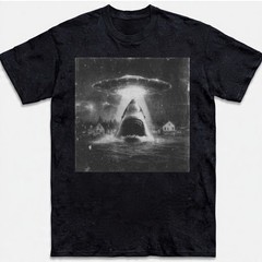 Funny Shark Abduction T-Shirt UFO Alien Vintage Art Sci-Fi Graphic Tee S-5XL
